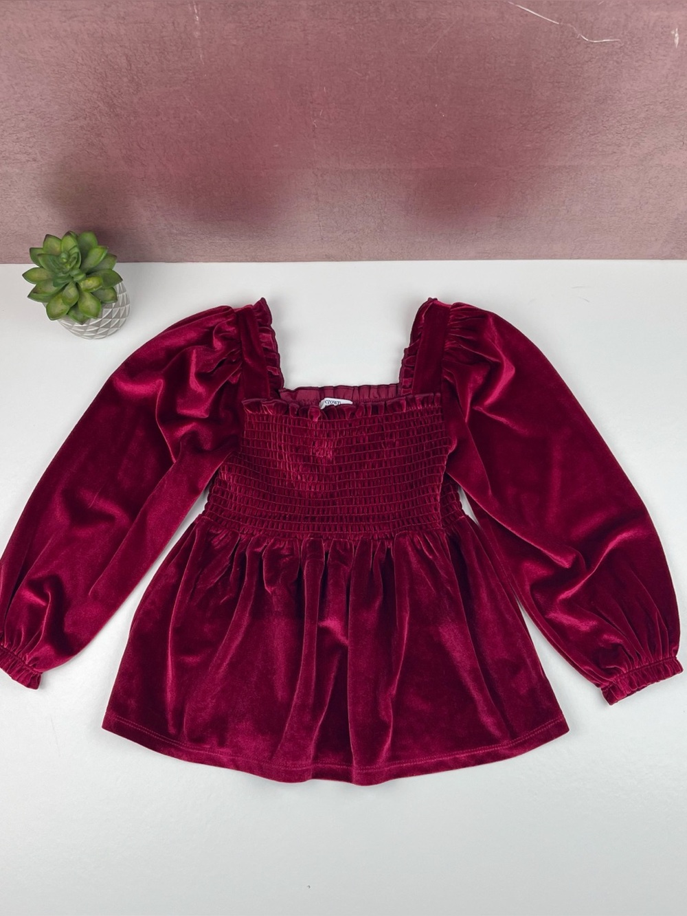 Crown & Ivy Red Burgundy Velvet Long Sleeve Square Neck Smocked Bodice Top Child